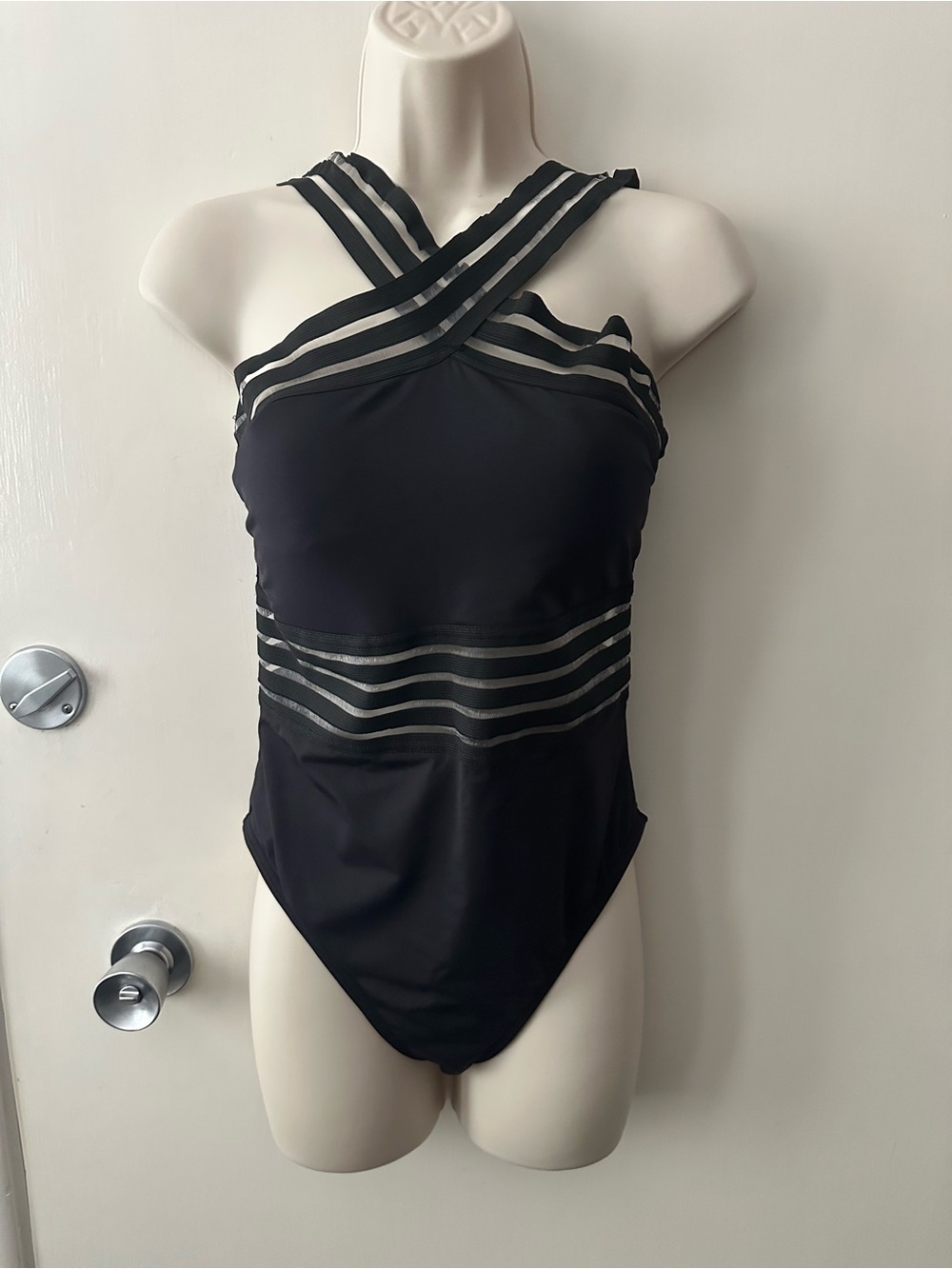 Kenneth Cole Black One-Piece Swimsuit with Sheer Stripes